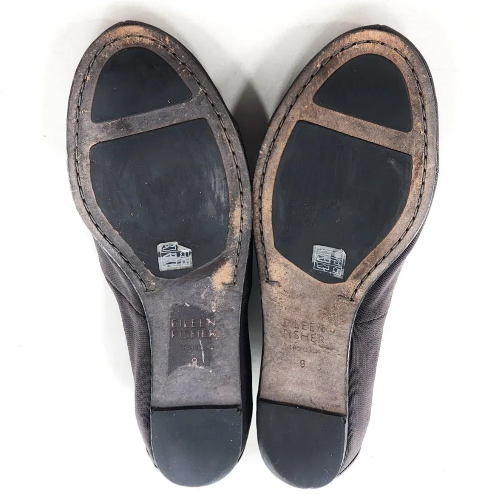 EILEEN FISHER‎ Grosgrain Leather V-Cut Ballet Flats Black